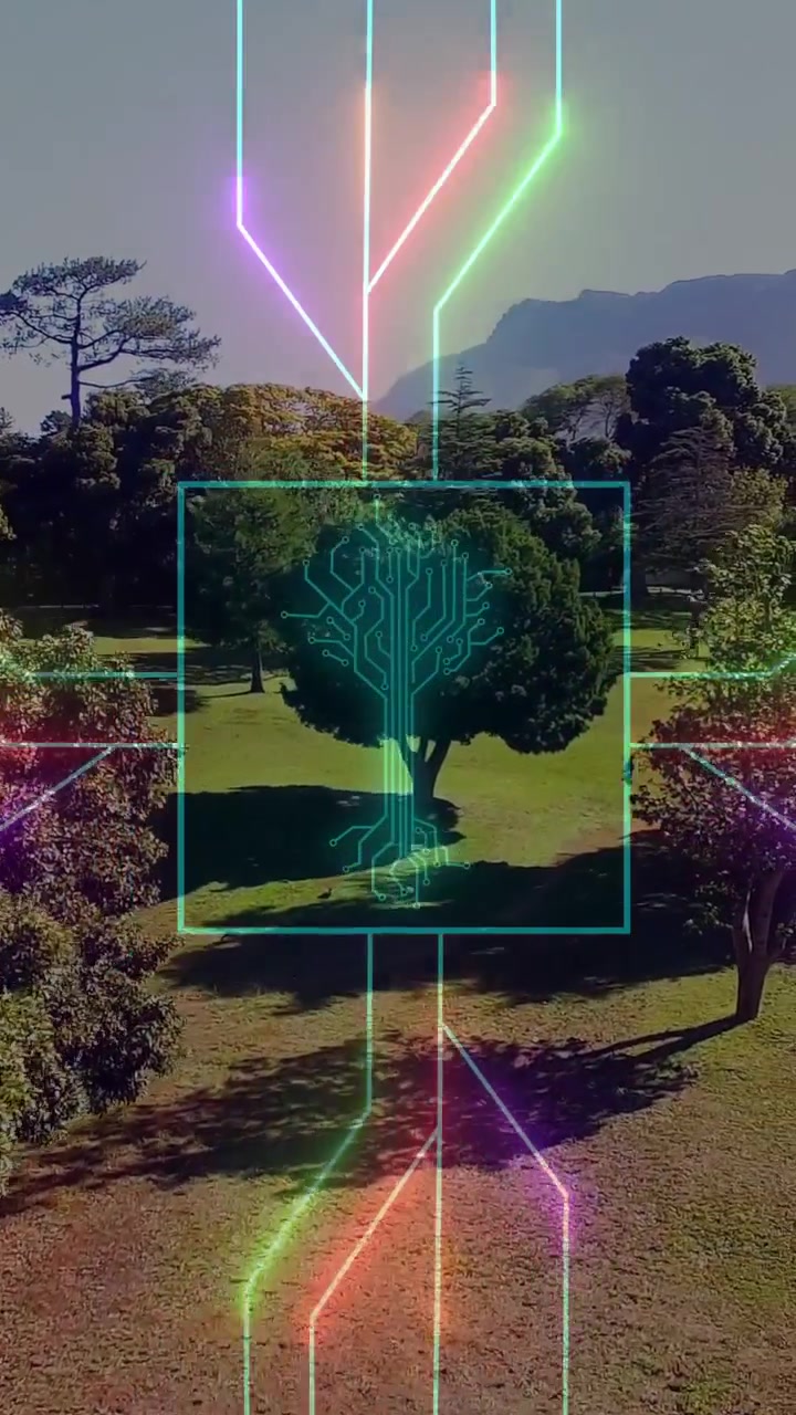 Video verticale: Quadrato ciano neon che appare sopra un albero centrale, circuiti che formano radici, raggi che pulsano per l'IA.