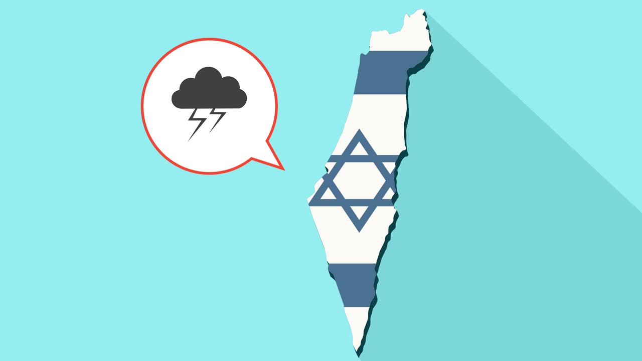 긴 그림자 이스라엘 지도와 그 발과 폭풍우 구름을 가진 만화 풍선의 애니메이션