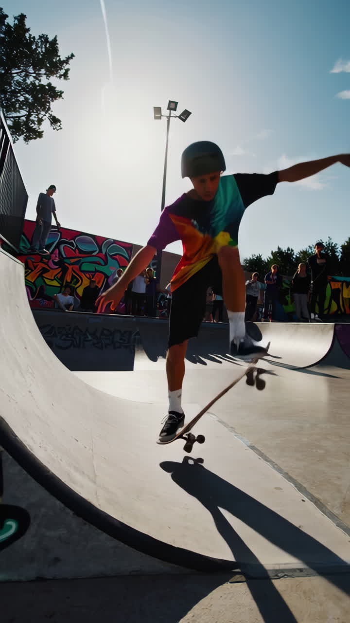 Young Skateboarder Performing Tricks at a Sunny Skate Park