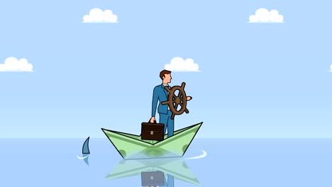 flat cartoon businessman character with helm wheel floating on dollar paper boat near shark businesss control concept animation