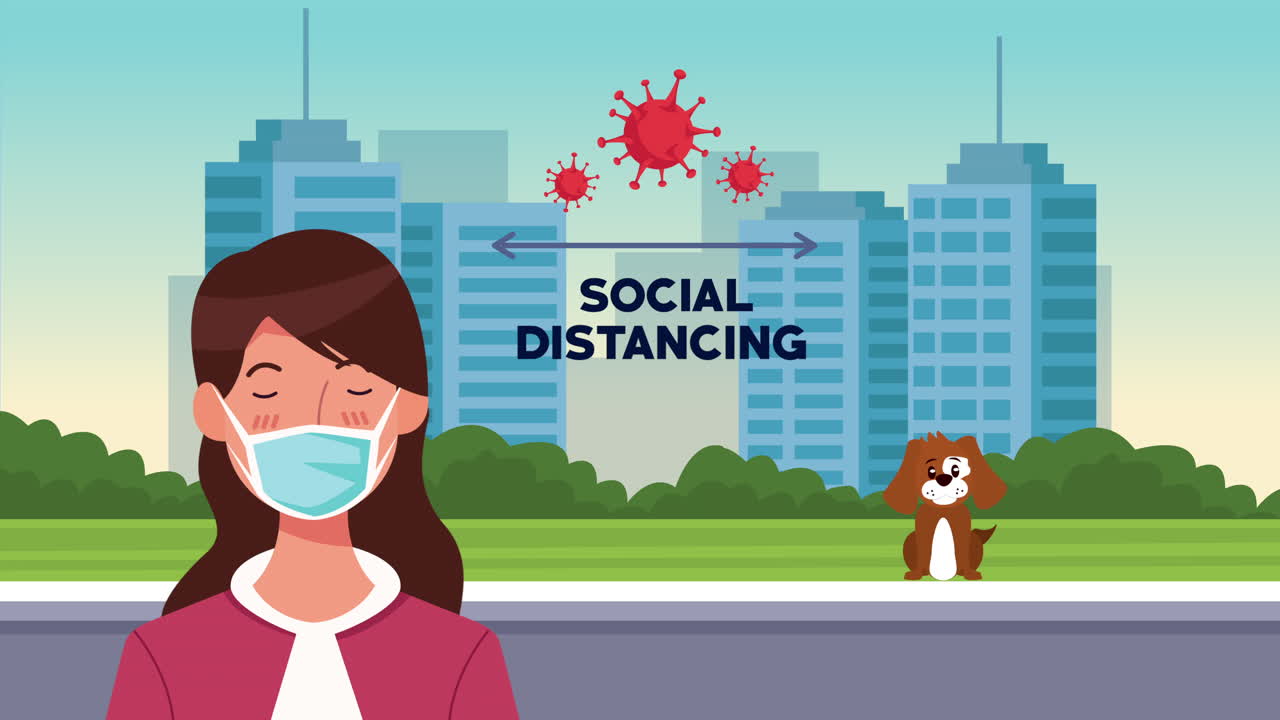 거리에서 얼굴 마스크를 쓰는 여성과 함께 사회적 거리 두기 캠페인