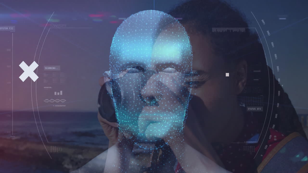 Taking photo, person with animation of data and geometric shapes in background