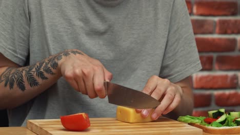 preparing a sandwich with cheese and vegetables