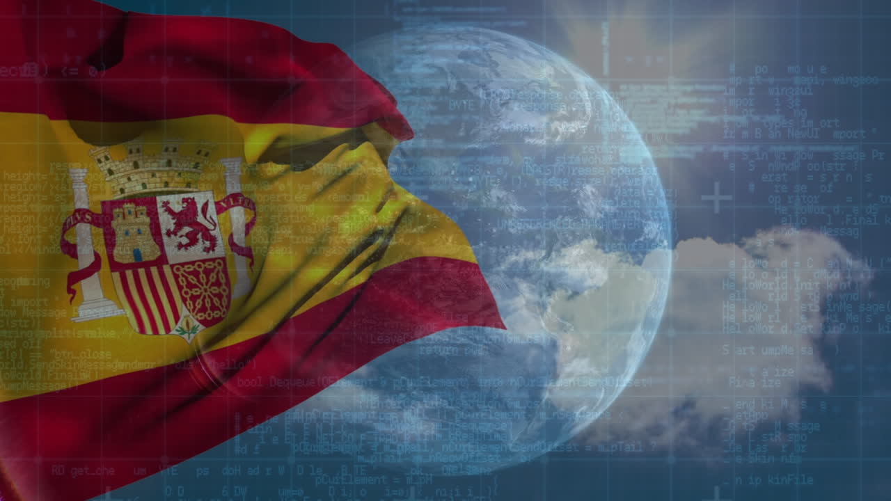 Animation von Datenverarbeitung und Globus über der Flagge Spaniens