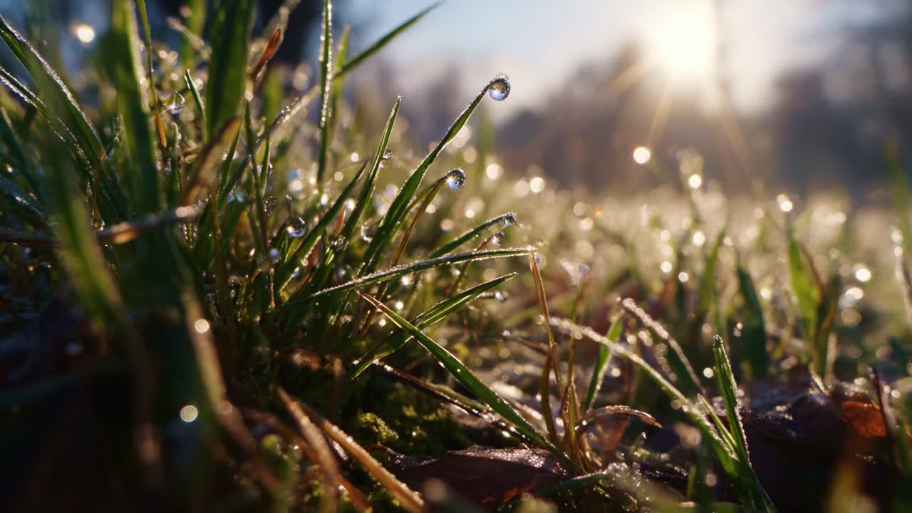 Morning Dew on Grass: Capturing the Tranquil Beauty of Nature with Glimmering Droplets Reflecting Sunlight in a Serene Outdoor Setting