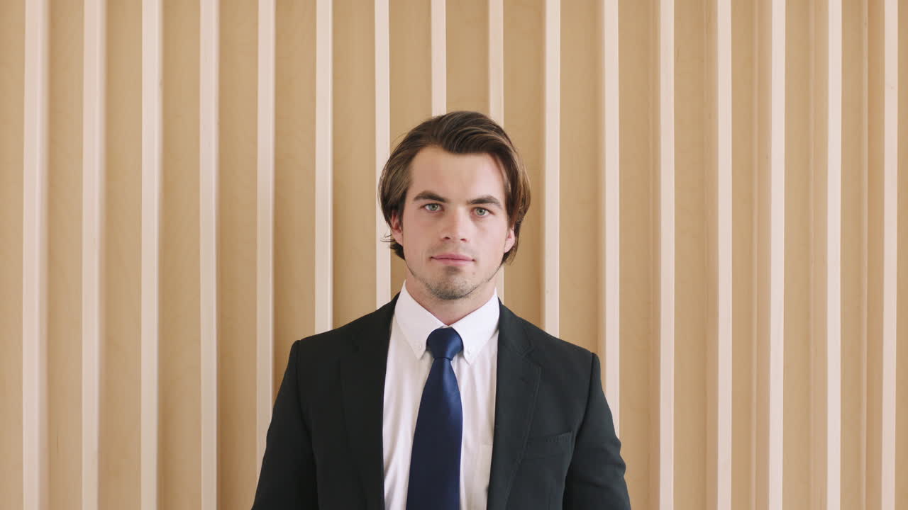 사업가, 미소와 행복한 벽과 함께 초상화