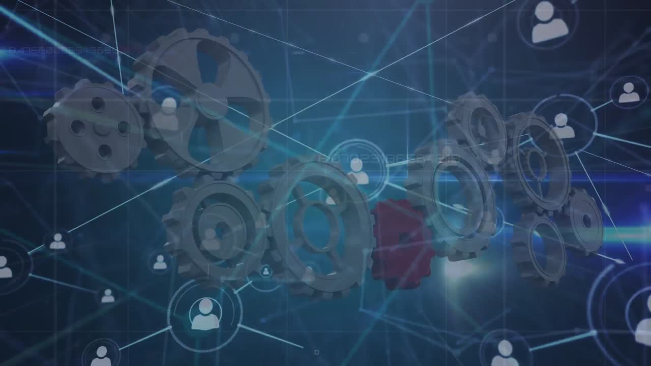 Animation of network of connections with people icons over cogs processing and grid