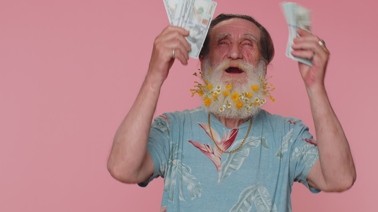 부자, 만족한 보스, 고위직, 돈, 달러, 현금, 지폐, 팬처럼 흔들고, 성공적인 사업 경력.