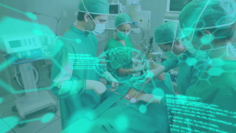 animación de la exploración cerebral y el procesamiento de datos médicos sobre los cirujanos que operan a un paciente en la sala de operaciones