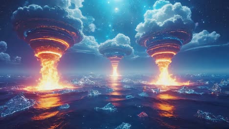 fiery vortexes erupting from an ocean under a starry sky