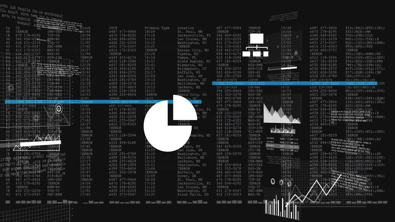 Pie chart pulsing while surrounding code columns and chart overlays updating in dark flat interface