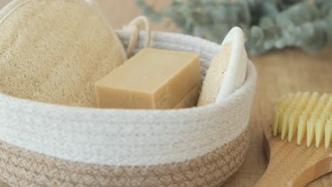 natural bath products in wicker basket