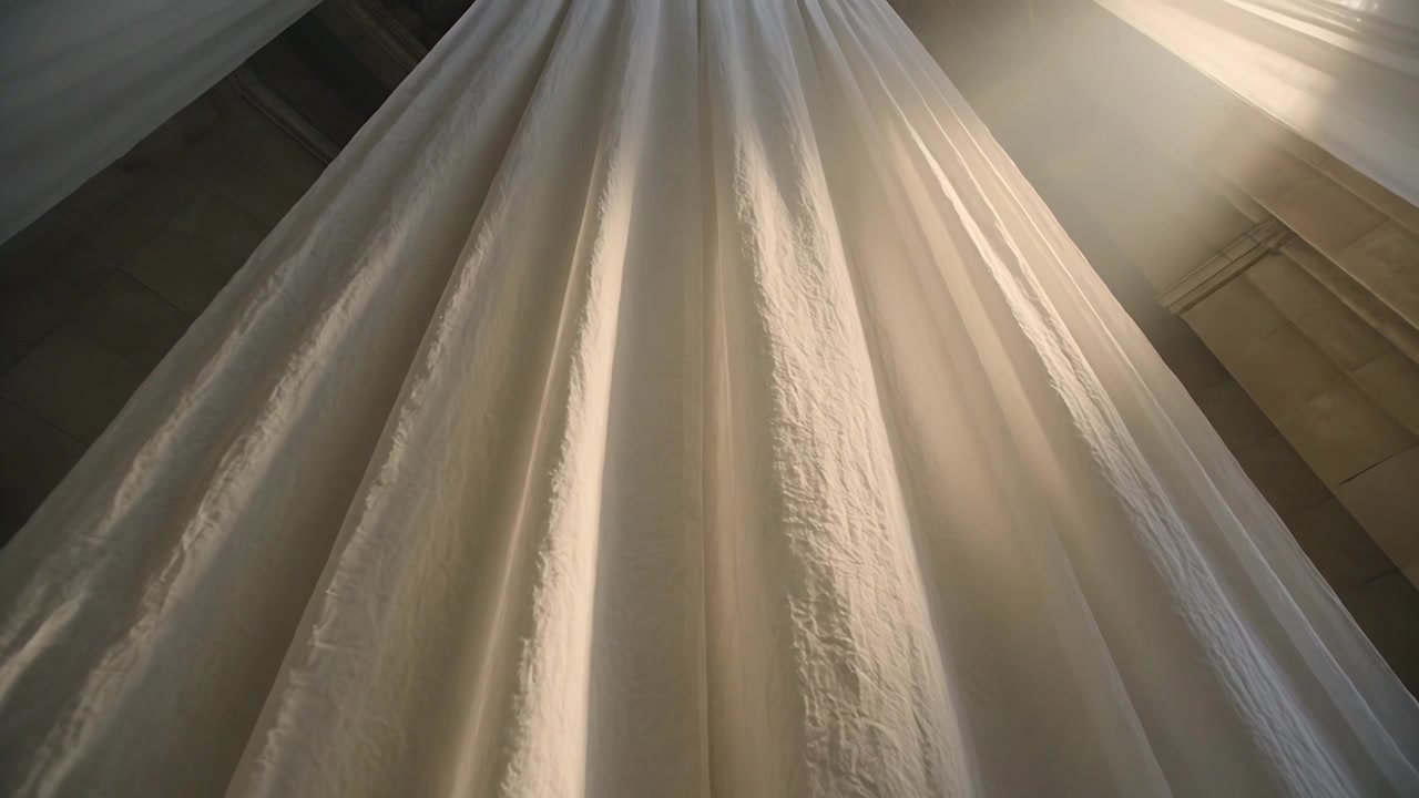 Tilting camera revealing tall pale fabric curtain at high ceiling, with bright light and rod