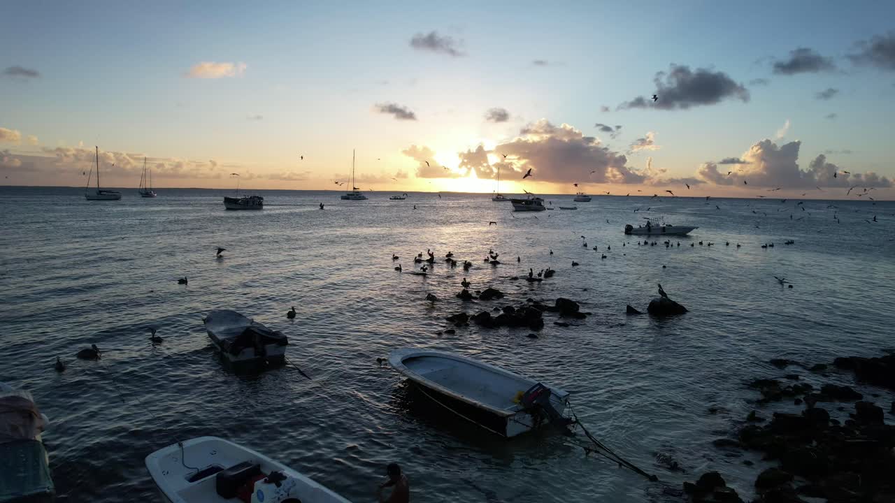 해가 지는 동안의 조용한 항구, 배, 실루, 황금빛 하늘, 공중 풍경