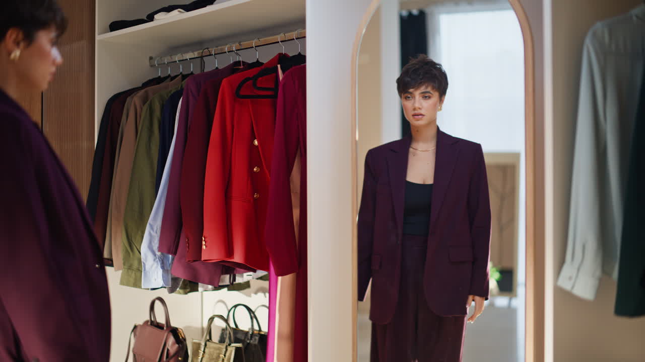 Closeup lady wearing blazer wardrobe room. Woman trying formal suit clothes