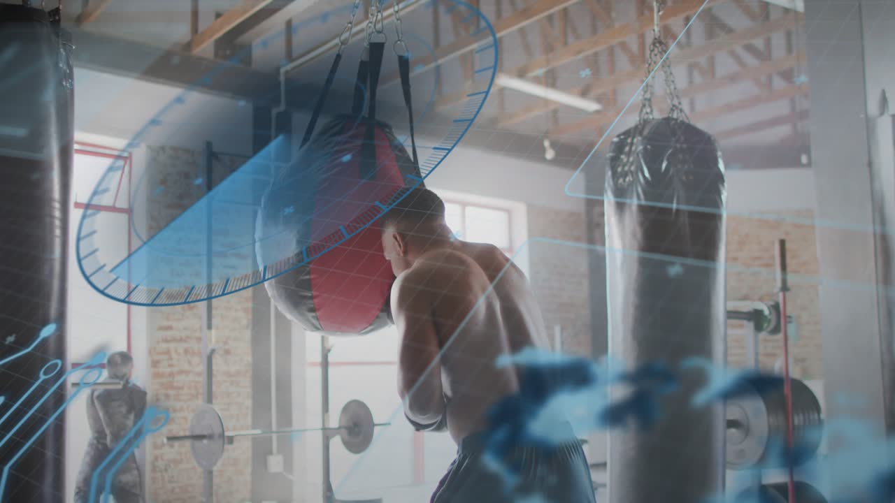 Male boxer raising guard and throwing sharp punches at red bag, HUD analyzing boxing movements