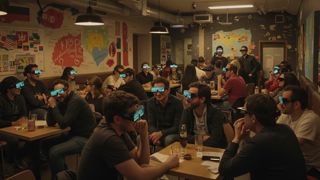 A Fun Gathering in a Colorful Venue Featuring People Wearing Stylish Glasses Amidst Engaging Conversations and a Vibrant Atmosphere