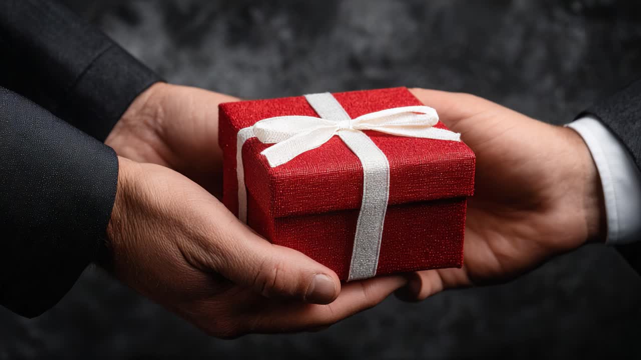 Un gesto premuroso: una scatola regalo rossa viene delicatamente passata da una mano all'altra, simboleggiando generosità e celebrazione in un ambiente elegante.