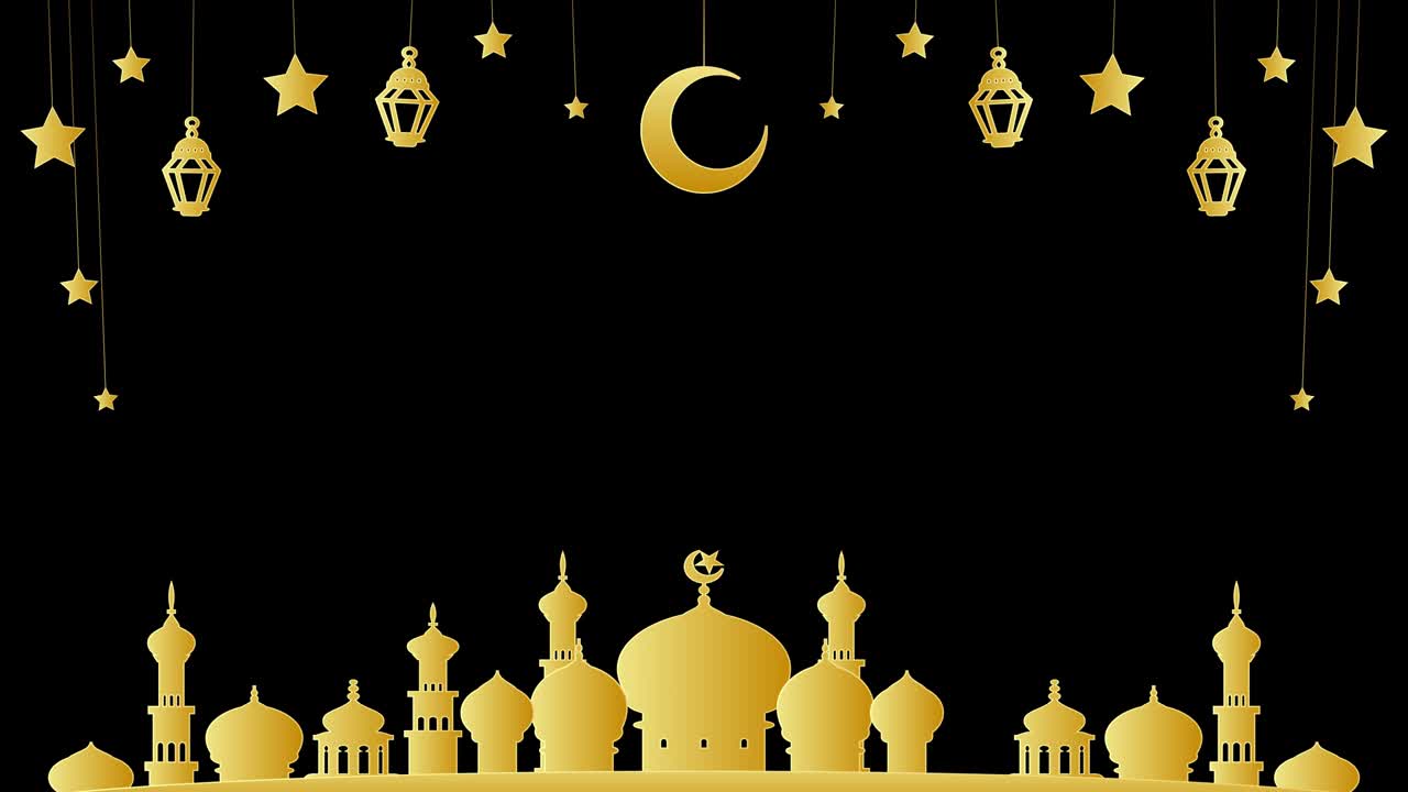 animación de transición de la mezquita islámica dorada de 4k en fondo alfa. marco de decoración de estrellas colgantes de ramadán