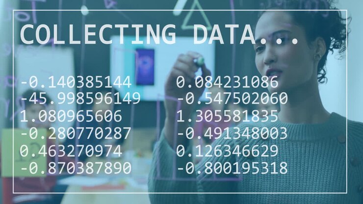 Collecting data animation over person writing on transparent board in office