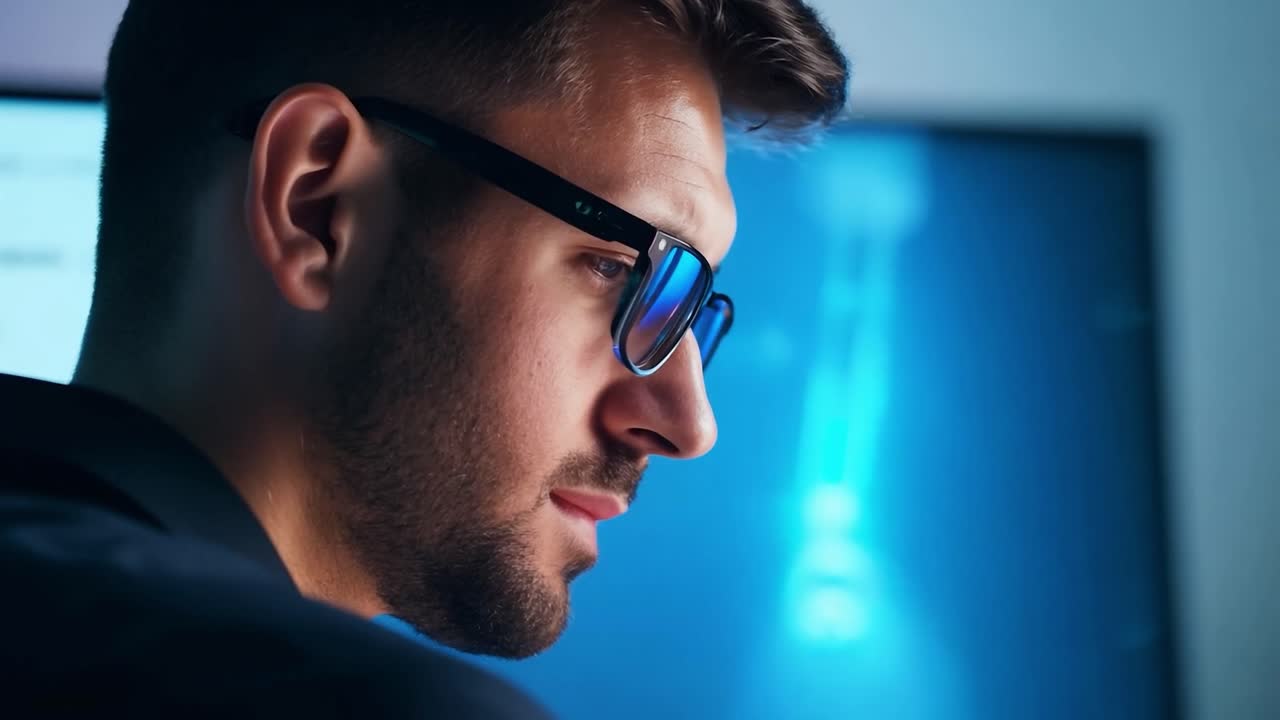 A man in a suit and glasses works at his computer desk.