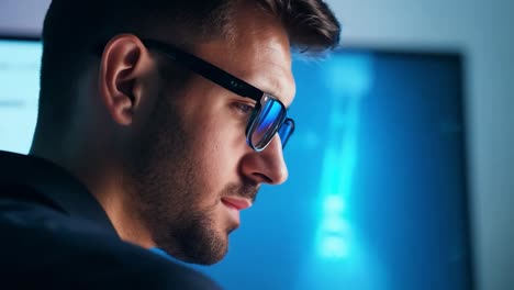 a man in a suit and glasses works at his computer desk.