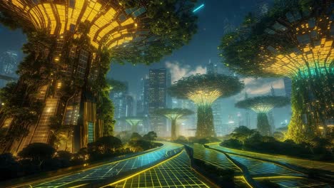 futuristic city at night with glowing trees