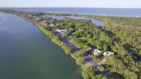 idyllic scenery by the tweed riverbank on fingal head, new south wales, australia aerial