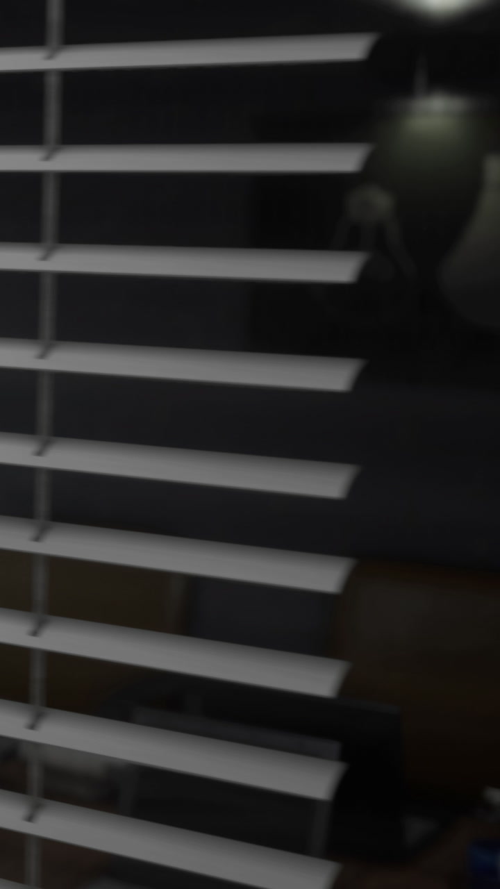 Light dances through slatted blinds in a cozy room at dusk