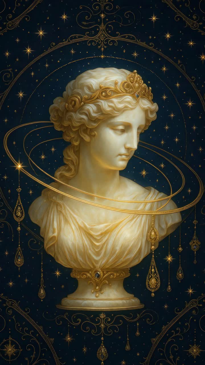 A celestial-themed video concept featuring a marble bust adorned with golden rings and stars