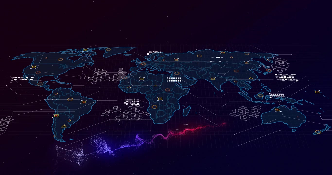 Starting purple backdrop fading map outline, grid animating, icons pulsing, streams flowing network