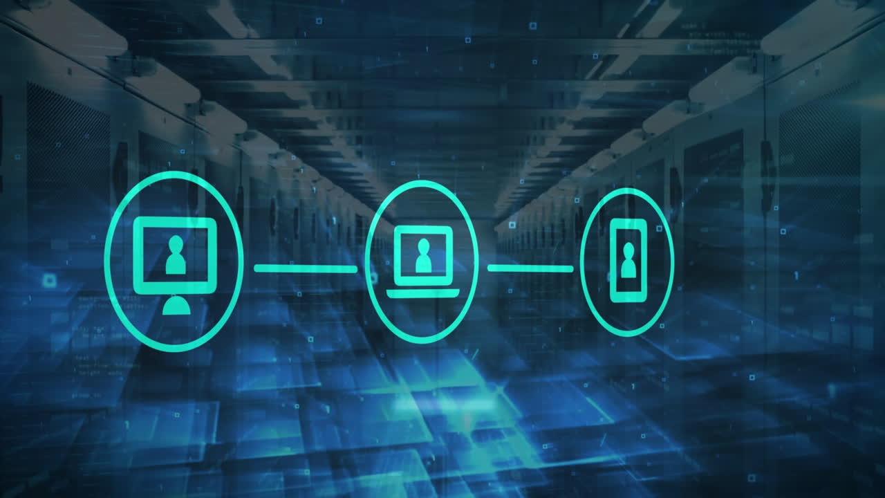 Animation of icons, neon lines, data processing over servers