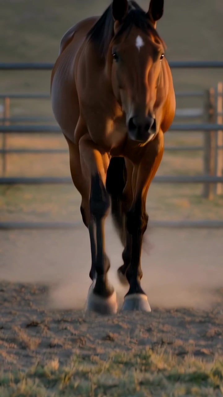 Video verticale: Cavallo baio adulto che cammina, avvicinandosi all'obiettivo su terreno asciutto, sollevando polvere, con una stella bianca.