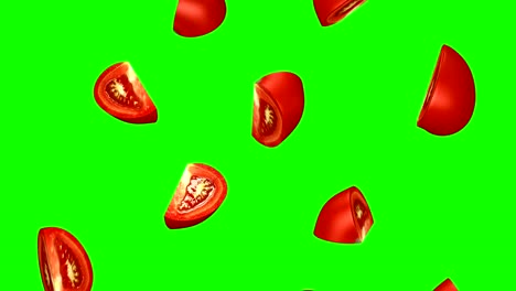 pieces of tomato falling on green screen, seamless loop, cg