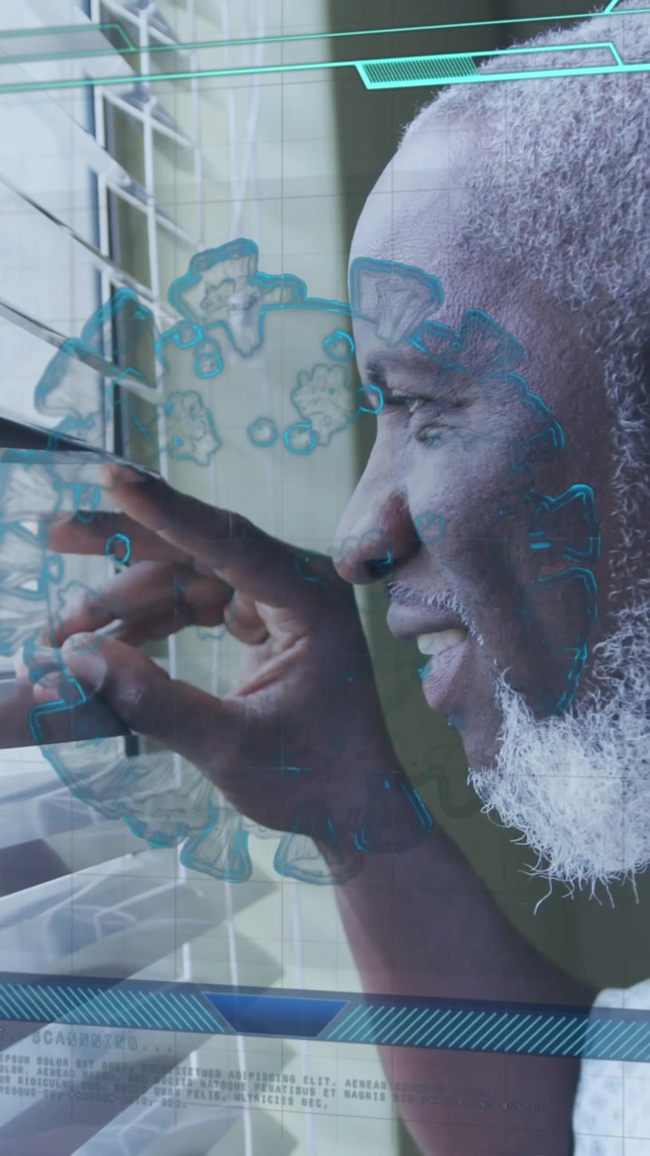 Animation of data processing and virus cell over senior african american man