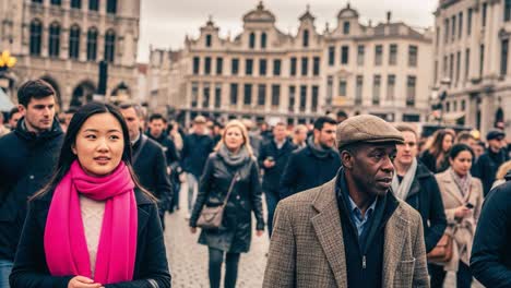 diverse crowd walking on a city street