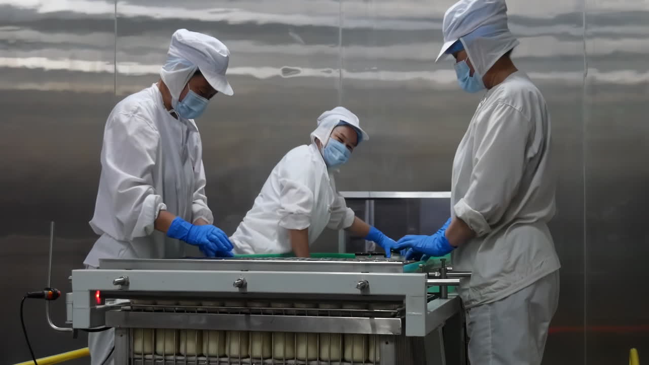 Close up workers in a busy factory meticulously handle vibrant food bottles, placing them in cardboard boxes. The soft industrial lighting creates a warm ambiance, highlighting activity taking place