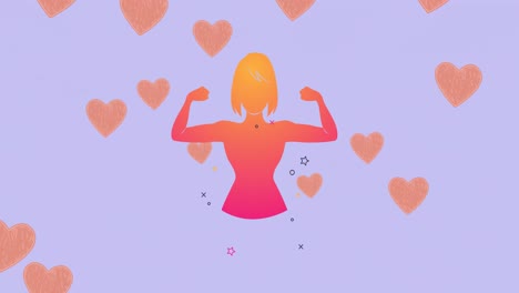 Animation-of-strong-woman-icon,-over-flying-hearts