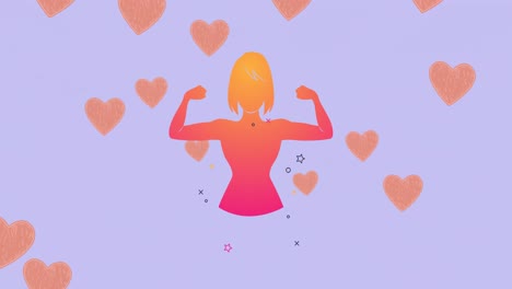 Animación-Del-ícono-De-Una-Mujer-Fuerte,-Sobre-Corazones-Voladores