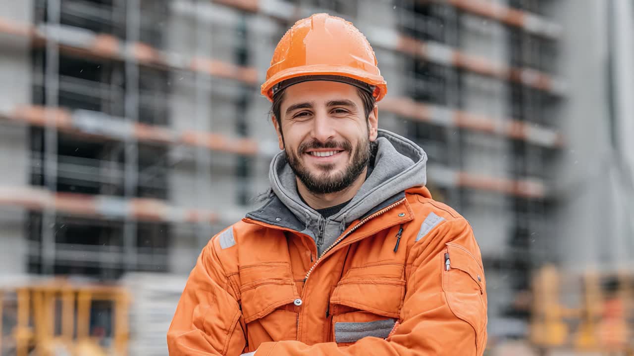 Confident Construction Worker Smiling at the Camera on a Building Site with Safety Gear, Showcasing a Positive Attitude in the Construction Industry
