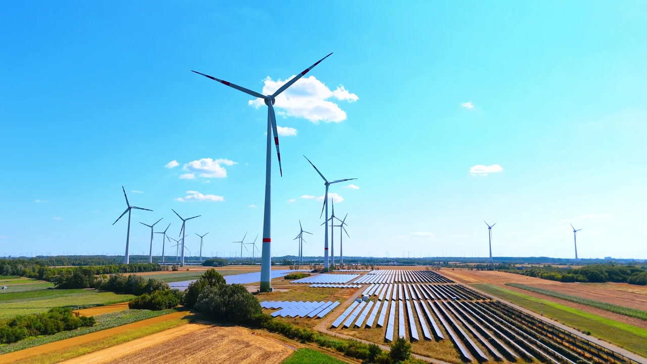 Vindmøller og solpaneler på landbrugsjord. Luftfoto af grøn energikraftværk med blå himmel og sollys over landbrugsland.