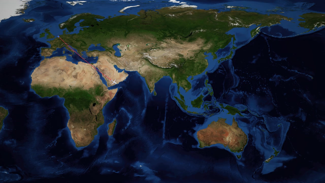 Animazione di una mappa satellitare del mondo che traccia un aereo in volo da Amsterdam a Sydney tramite una linea rossa