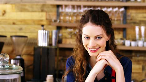 Portrait-of-smiling-waitress-leaning-at-counter