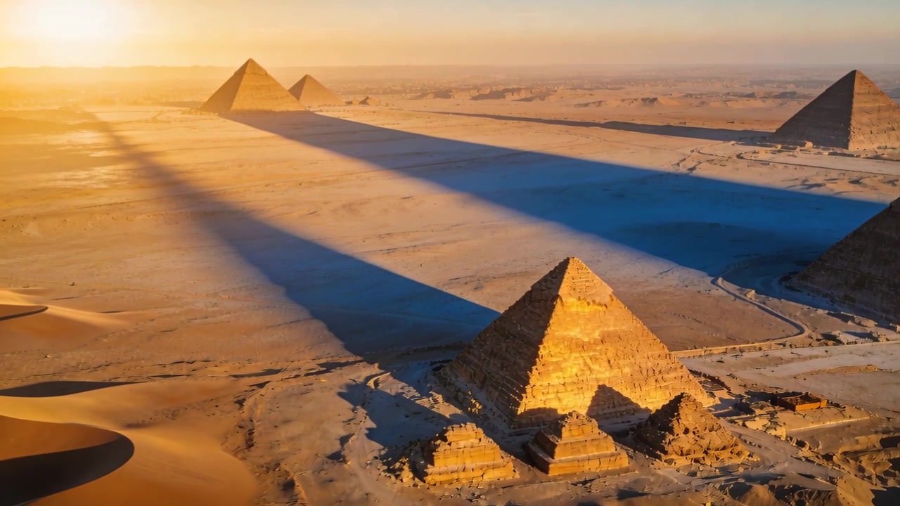 Odhaluje zářící přední pyramidu, jak vychází slunce a kamera se pohybuje nad pouští, dunami a dlouhými stíny.