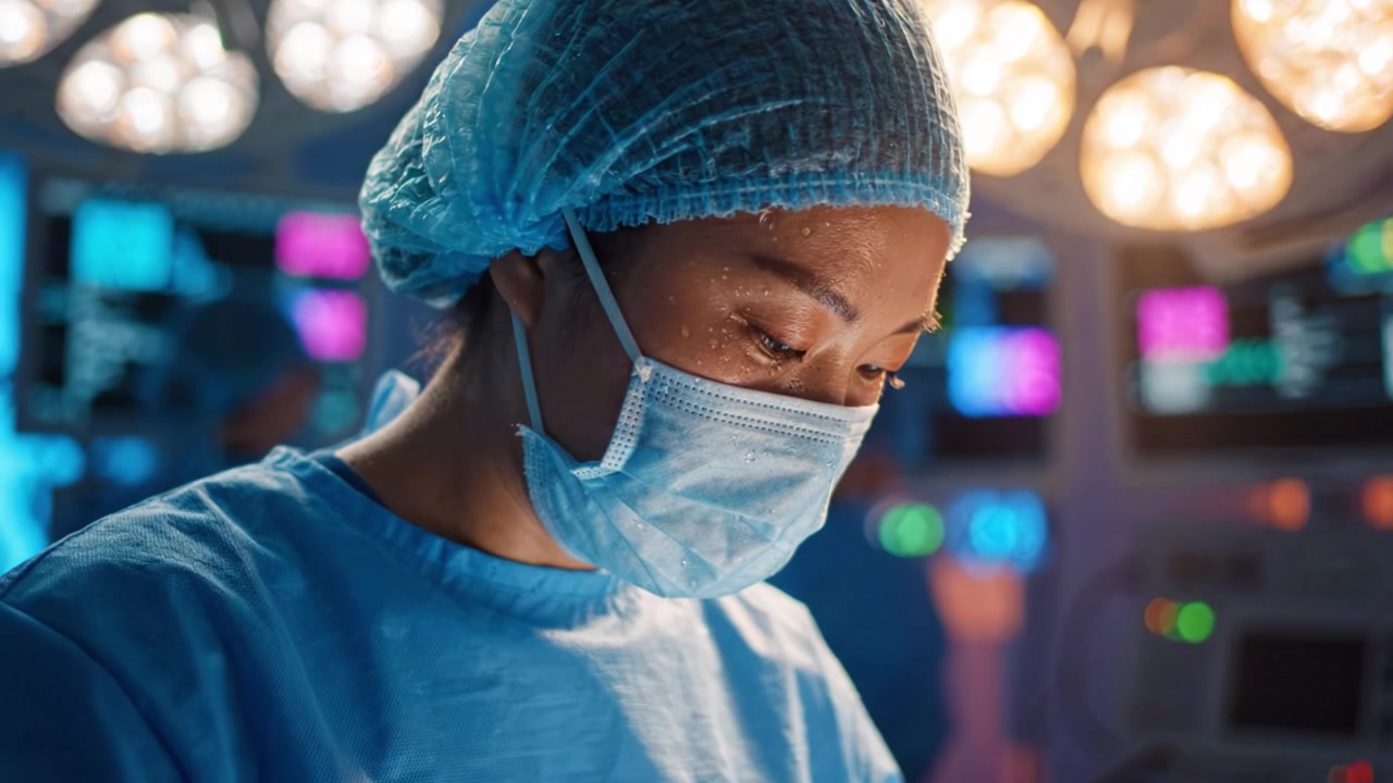 Un chirurgo dedicato si concentra su un'operazione complessa in un ambiente medico avanzato, con attrezzature all'avanguardia e membri del team chirurgico di supporto presenti.