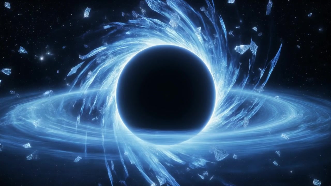 Animazione cinematografica di un buco nero blu luminoso nello spazio profondo