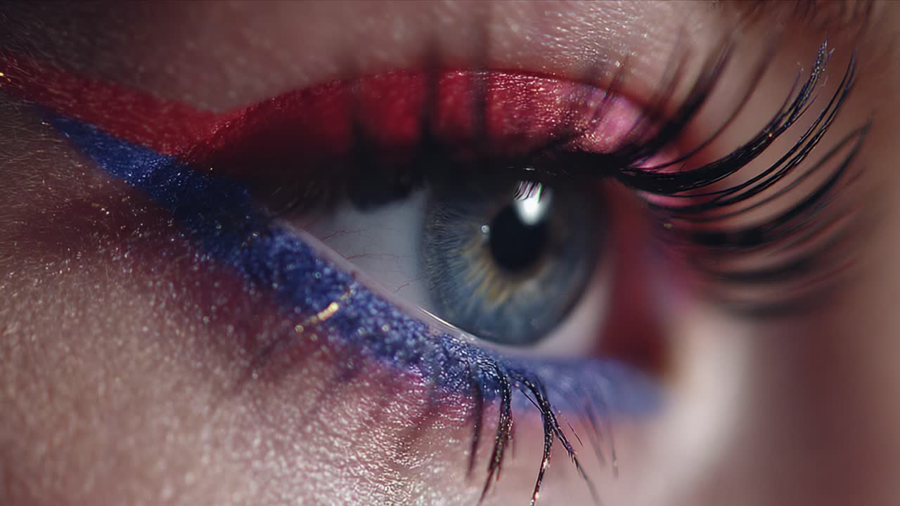 Close-Up of a Beautiful Eye Featuring Artistic Makeup with Striking Tri-Color Eyeliner and Long Lashes, Capturing Intricate Details and Vibrant Colors in Focus