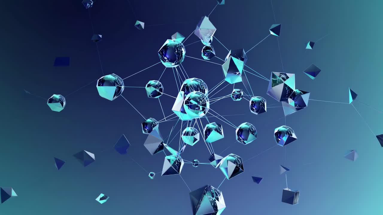 Abstract 3D network of geometric shapes, viewed from a dynamic angle, ideal for tech videos