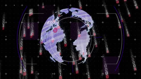 animation of binary coding and data processing over globe on background