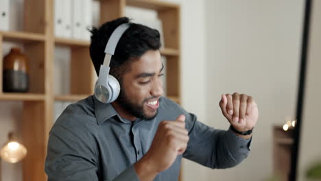 Office-music,-dance-and-man-listening-to-podcast